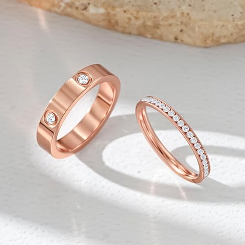 Love Gold Rings for Women 2Piece Unisex 18K Rose Plated Stainless Steel Cubic Zirconia Friendship Wedding Birthday Anniversary Promise ring4