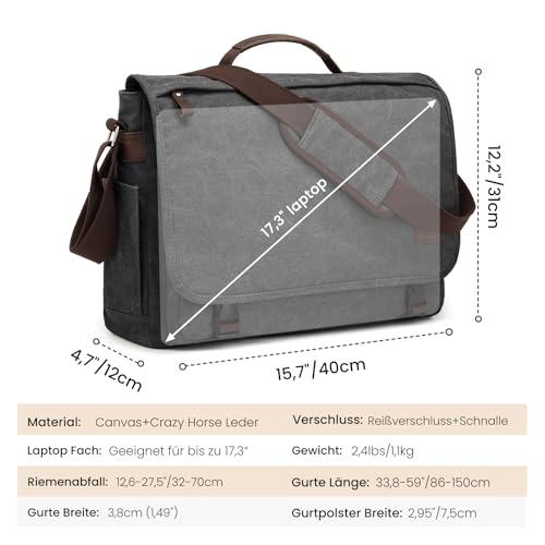 S-ZONE Herren Umhängetasche 17,3 Inch Übergröße Messenger Bag Canvas Laptoptasche Aktentasche Schultertasche Arbeitstasche mit Gepäckfach