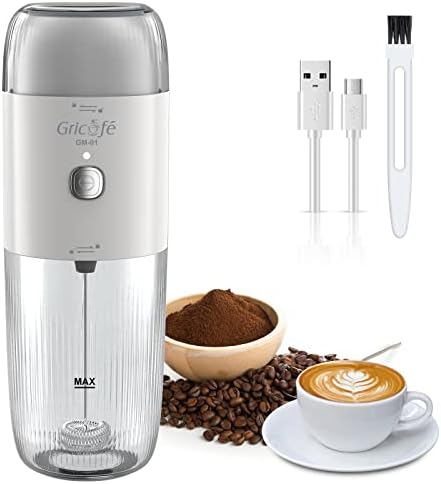 GRICAFE Coffee Grinder with Milk Frother, 2 in 1 Rechargeable Electric Foam Maker Stainless Steel Blade Grinder for Coffee Beans/Spices, Whisk Mixer Mini Blender Foamer for Espresso, Cappuccino,Latte