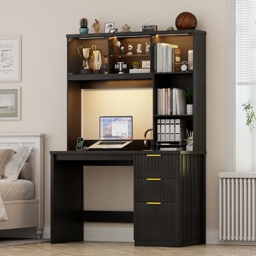 Corner Desk with LED Reading Lights, L Shaped Computer Desk with Hutch & Shelves, Triangle Home Office Desk w/ Charging Station for Work & Study, File Cabinet Storage Bookshelf for Small Spa