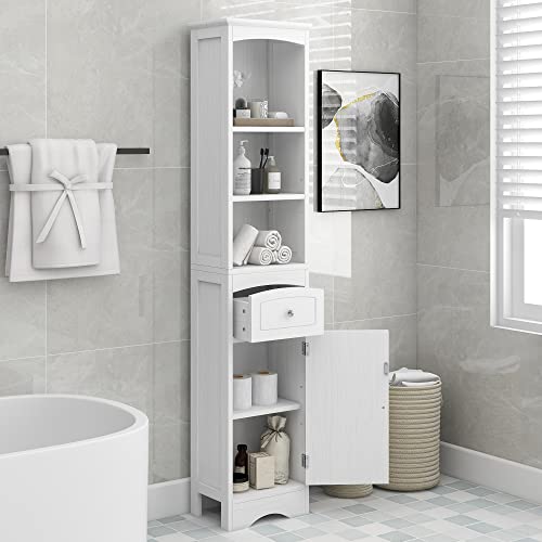 Merax Tall Bathroom Storage Cabinet, Linen Tower With Adjustable Shelves, Drawer And Door, Slim, 13.4" L X 9.1''W X 66.9''H, White #TOP8