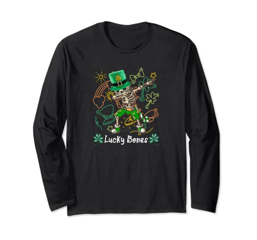 Lucky Bones St Patricks Day Tops Dabbing Esqueleto Merch Niños Manga Larga