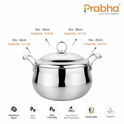Image of Prabha Prima Belly Casserole with Lid | Roti Casserole Set 3700ML (20CM) | Casseroles Tri-Ply Layer | Hot Case /Hot Pot Food Grade | Serving Bowl Rice-Gravy-Curry /Hot Box | Induction Base & Gas Stove