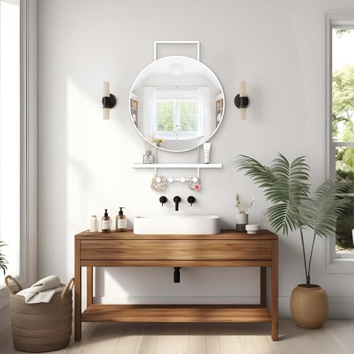Image of BEAUTME Wall Mirror with Shelf and Hooks, 32x22 Inch Metal Framed Round Bathroom Mirrors with Shelf, Modern Farmhouse Wall Decor for Living Room Bedroom Entryway, Vertical (White)