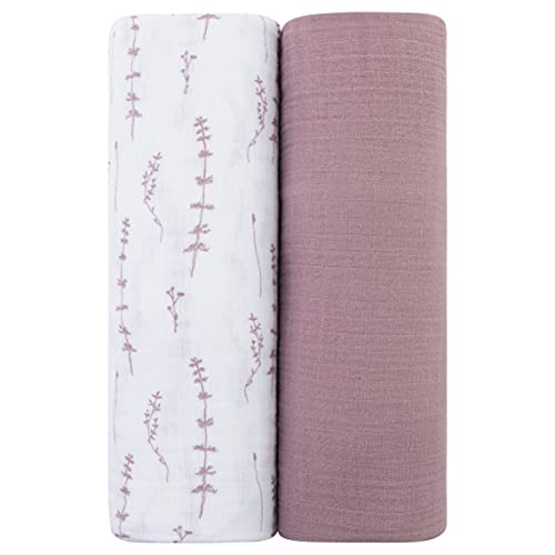 Image of Ely's & Co. Muslin Swaddle Blanket 2-Pack — 100% Cotton Muslin Extra-Large Swaddle Blankets (47” x 47”) Solid + Printed (Delicate Leaves + Solid Lavender)