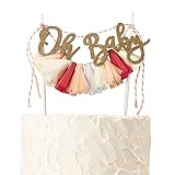 ALIVELY Oh Baby Banner Cake Topper for Baby Shower - Gender Reveal Cake Bunting Topper with Glitter and Tassels (Creamy Pink)