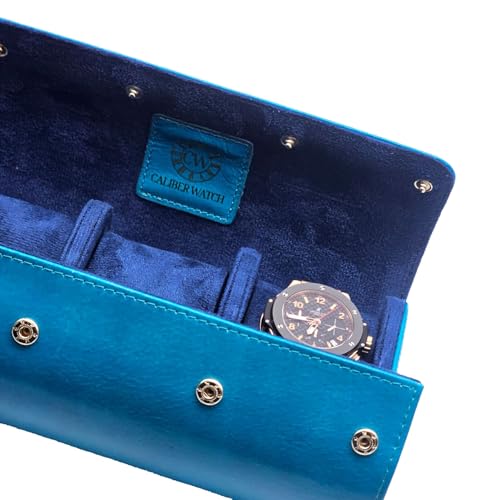 Image of Genuine Napa Leather Watch Roll Travel Case for 3 Watches - Travel Watch Rolls and Leather Watch Display Cases with Velvet Interior - Watch Storage Organizer Men's (Blue 3 Watch Roll Case)