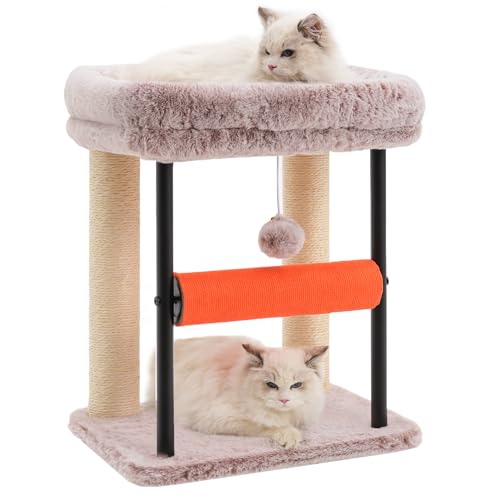 Hey-brother Cat Tree Tower with Rolling Scratching Post, Spacious Plush Platforms, Fully Sisal-Wrapped Column and Plush Toy Ball, Sturdy Bed for Indoor Kittens, 18.9 inches, Muchroom MPJ010SMU
