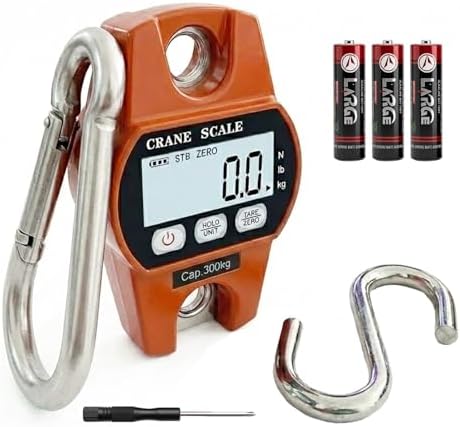Bascula Digital Colgante 300 KG 100 g Precision, Bascula Portatil con Gancho Pantalla LCD, Balanza Electronica para Pesca Caza Equipaje y Uso Exterior, Color Naranja