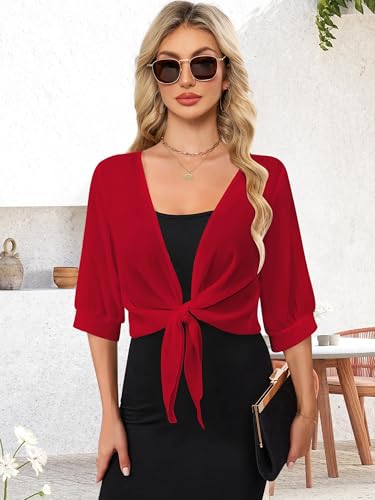 Image of Cardigan for Women Lightweight Summer 3 /4 Sleeve Dressy Casual Red XXL
