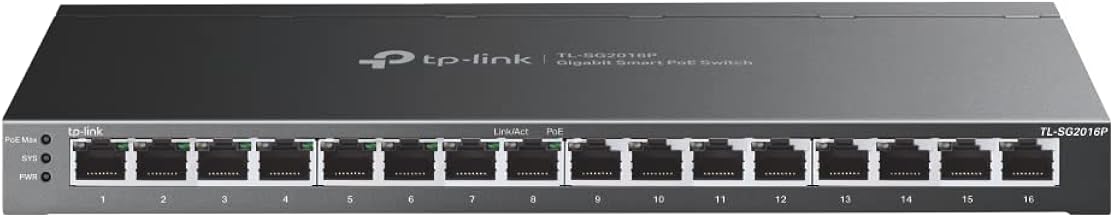 TP-Link SG2016P 16-Port Gigabit Smart Managed PoE Switch, 8 PoE+ Ports mit bis zu 120 W, unterstützt Omada SDN, zentrales Management, PoE-Wiederherstellung, IPv6, QoS, IGMP-Snooping