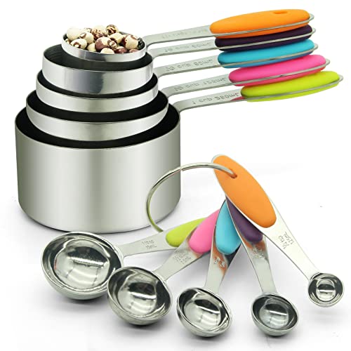 SKY-TOUCH 10 Piece Measuring Cups and Measuring Spoons Set with Detachable Ring Stainless Steel Stackable 5 Cups 5 Spoons with Silicone Grip Handle to Measure Dry Liquid Food for Cooking or Baking