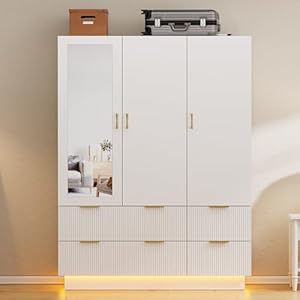 PAKASEPT Armoire Wardrobe Closet with 3 Door, Bedroom Armoires with Mirror and LED Lights, Hanging Rod, Drawers, Large Capacity Storage Wardrobe Armoire for Bedroom