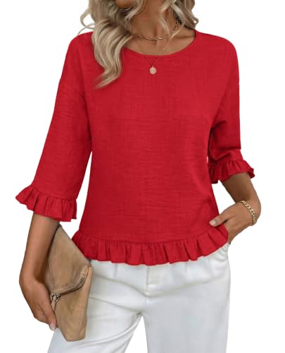 siliteelon Womens 3/4 Sleeve Tops Summer Tshirts Ruffle Flowy Crew Neck Dressy Casual Blouses 2026 Trendy Cute Work Outfits-Red L
