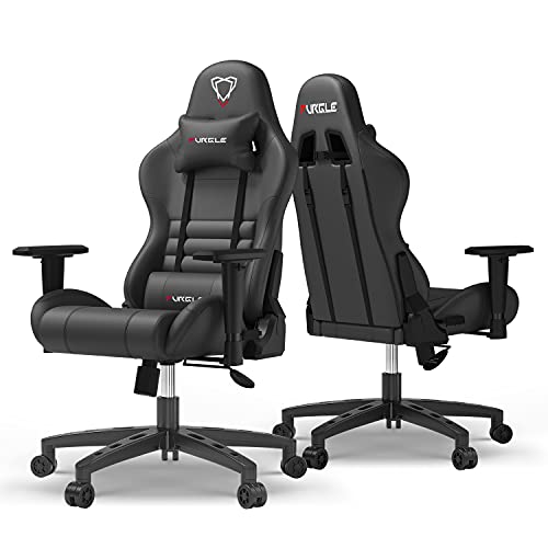كرسي ألعاب ومكتب مرتفع الظهر بتصميم سباق مع مساند ذراع قابلة للتعديل لألعاب الفيديو مريح من الجلد الصناعي مع مسند رأس ودعامة اسفل الظهر والوضع الهزاز من فورجل، لون أسود