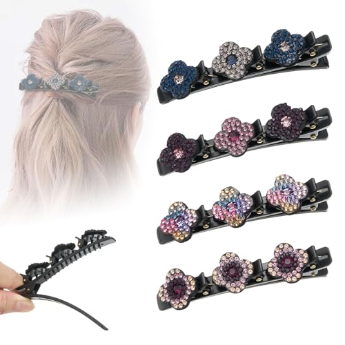 ZOUIQSS 4 Pcs Braided Rhinestone Hair Clips, Floral Hair Styling Clips with Sparkling Crystal Stones