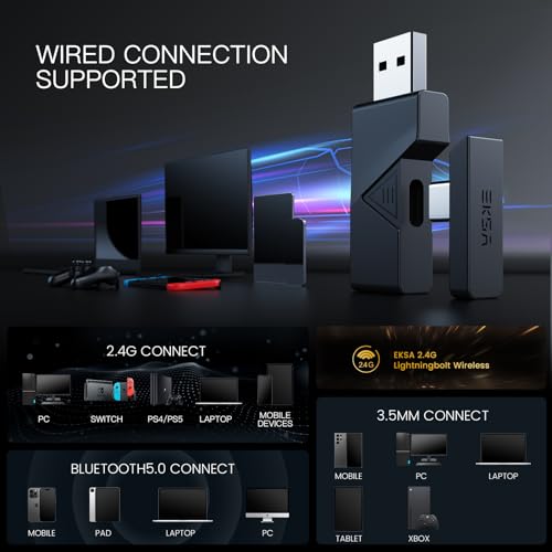 EKSA E900BT Wireless Gaming Headset for PC, 2.4GHz Bluetooth Gaming Headphones with Microphone, Type-C & USB Interface, 50Hrs Battery Life, USB Gaming Headset for PS4, PS5, Laptop, Mac - Image 6