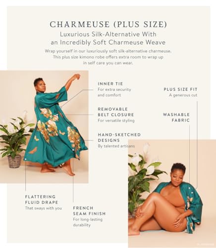 KIM+ONO Women's Plus Size Charmeuse Kimono Robe Long - Watercolor Floral2
