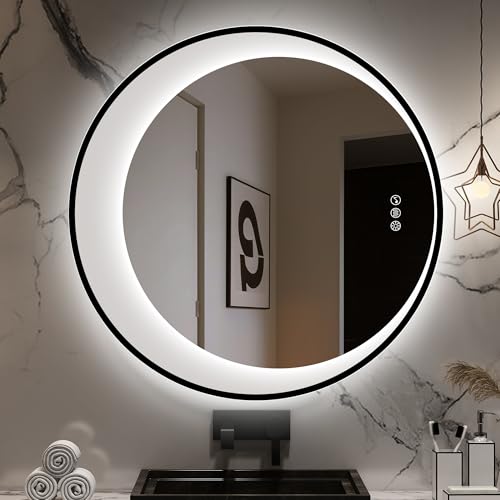 STARLEAD Rund Badspiegel-mit-Beleuchtung 70cm, Asymmetrischer-Spiegel mit Bluetooth, Dimmbar, 3 Lichtfarben, Entfogging, Speicher Lichter, IP44, HD Ha