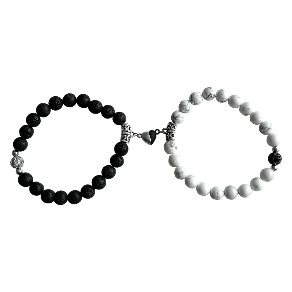 VIE Duo Bracelets Set: Natural Howlite and Lava Rock with Magnetic Heart Charms