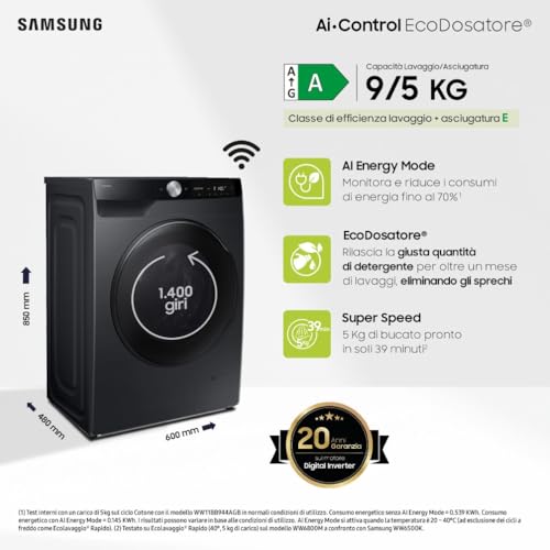 Samsung Lavasciuga Slim AI Control EcoDosatore WD90DG6G94BB, 9+5 kg, Wifi, Ecodosatore, AI Wash, Carica Frontale, 60L x 85H x 48P cm - 2