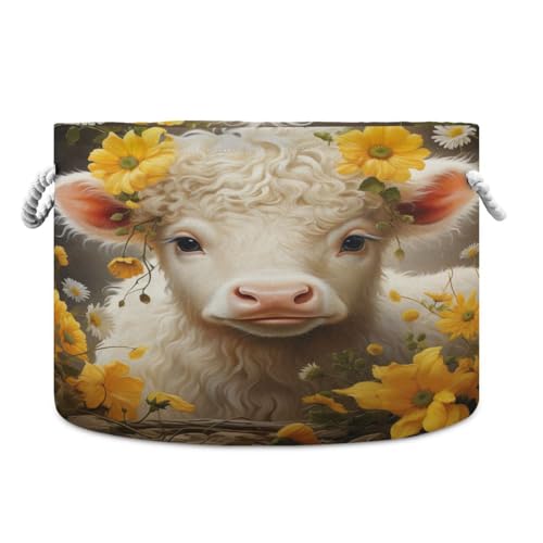 Round Cute White Cow Daisy Flower Storage Basket Large Organizer Bin Laundry Hamper Toy Storage Basket with Handle for Nursery Clothes Toys 202b4315
