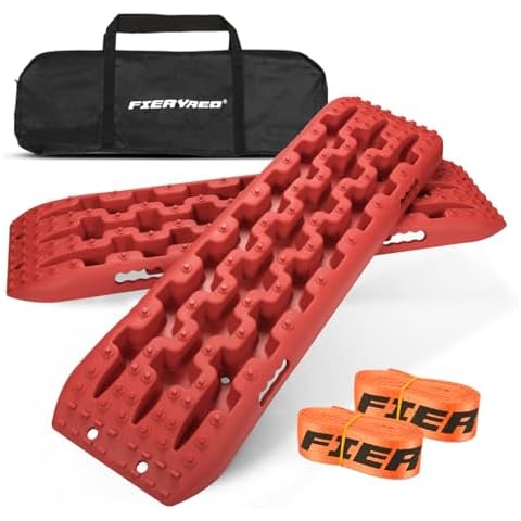 FieryRed Traction Boards Offroad, Recovery Boards with 2 Leashes and Carry Bag, 2Pcs Traction Mat Recovery Tracks for Sand Mud Snow Track Tire Ladder 4X4 (Red) Cover