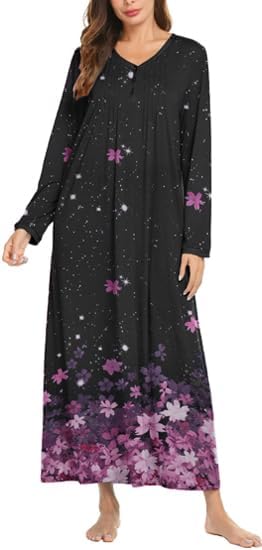 Ekouaer Women's Long Sleeve Nightgown Full Length Sleepwear Long Sleepshirts Henley Sleep Dress S-4XL