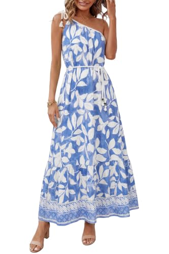 Glamaker Womens Summer One Shoulder Maxi Dress Casual Sleeveless Printed Flowy Boho Beach Long Sundresses Vacation Clothes Blue White