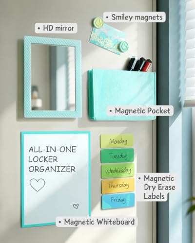Image of Mymazn Locker Accessories Kit Magnetic Mirror for School Locker Mint Blue
