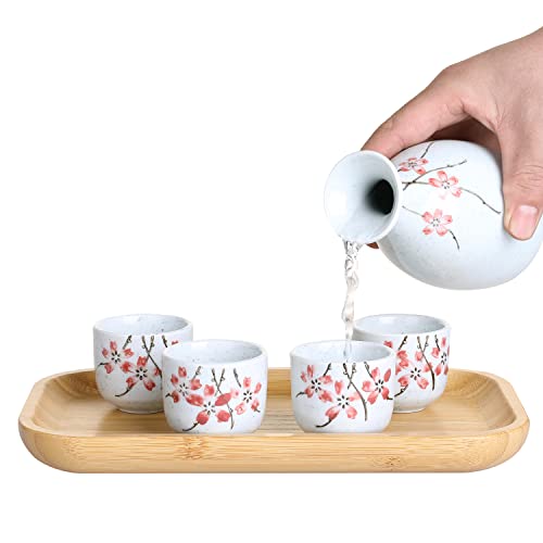 Mygift Classic Ceramic Japanese Sake Combo Set With White Glaze And Pink Cherry Blossom Branch Design, Pouring Carafe, 4 Shot Glasses And Bamboo Serving Tray #TOP4