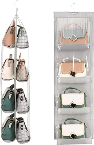 Image of Handbag Hanging Organizer for Wardrobe, 8 Pocket Purse Storage Hanger, Foldable Closet Organizer, Oxford Cloth Handbag Holder for Closet, Bedroom, Space Saving Bag Organizer (Grey)