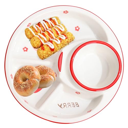 YDHSIKK Vajilla con Platos divididos, Plato de Cena for refrigerios Dulces, con partición 4 Compartimentos, Bonita Bandeja Frutas 8 Pulgadas, Plato for Comer Saludable, Juego cerámica 1(Red)