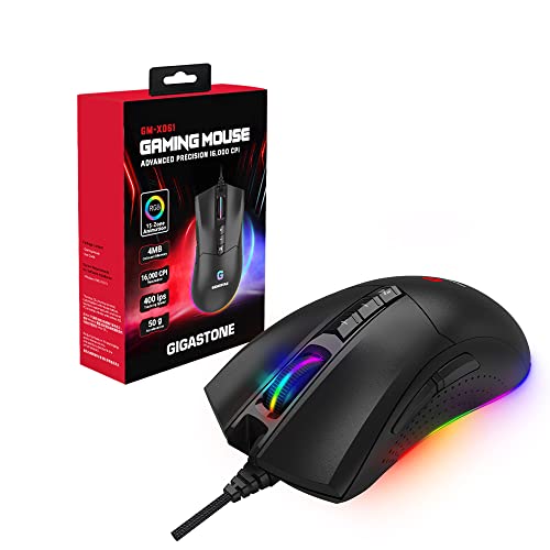 Image of Gigastone Gaming Mouse, Wired, Optical, 10 Buttons, 16000 DPI, RGB Backlight, 4MB Onboard Memory, Ambidextrous, Black