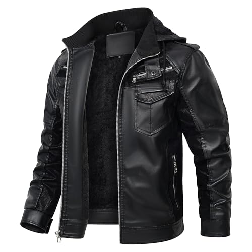Manteau d'hiver chaud doublé Sherpa homme avec capuche veste similicuir poches