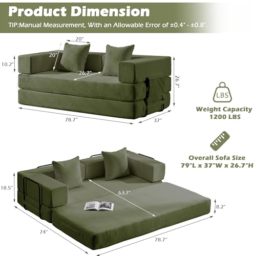 TXGDPIONEER 4 in 1 Convertible Sleeper Sofa Bed,78’’ Compression Folding Sofa Bed with Pillows & Side Pockets, Fold Out Floor Couch Boneless Couch for Living Room,Bedroom,Green — view 2