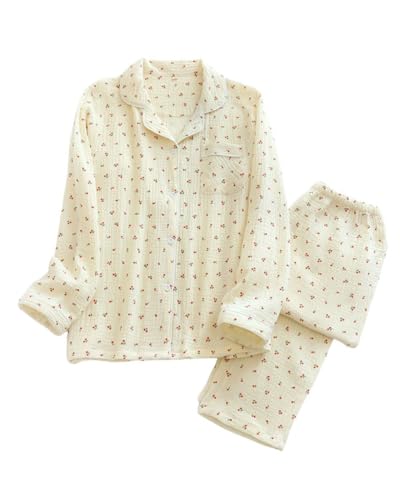 Image of codcm Womens Cotton Gauze Pajama Set Long Sleeve Button Up Shirt and Pants 2 Piece Cute Printed Pj Set