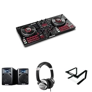 Numark Mixtrack Platinum FX, N-Wave 360, Laptop Stand Pro et HF125 – Contrôleur DJ 4 Decks, Platines DJ Tactiles, Enceintes, Casque DJ et Stand PC
