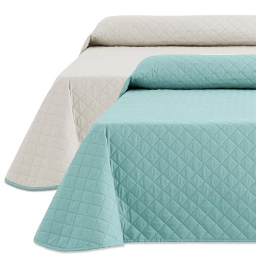 HIPERMANTA Colcha Bouti 90 cm. Verano Lisa Bicolor Acolchada Reversible. Colchas Cubre Cama Individual Fina Primavera y Entretiempo. Colcha Cama 90 cm. Color Aguamarina/Marfil