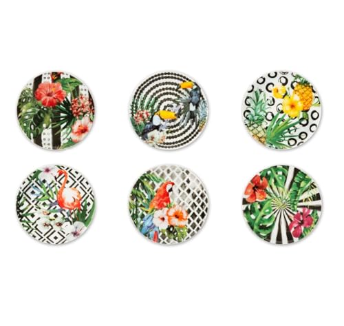 Excelsa Tropical Chic Set 6 Piattini in Porcellana per Aperitivo e Dessert, Decorazioni Tropicali