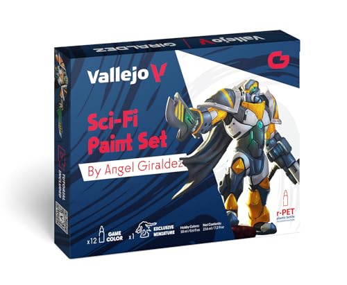 Vallejo Sci-Fi Paint Set, 12 Colores Vibrantes, Incluye Figura Exclusiva de 28 mm, Ideal para Miniaturas y Efectos Lumínicos, Game Color Series by Ángel Giráldez