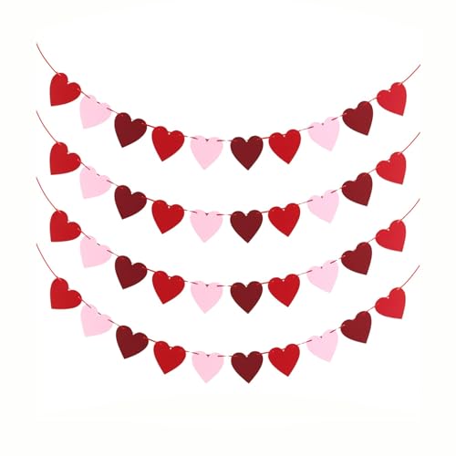 Heart Bunting Valentines Day Decor 4 Pcs Felt Heart Garland Hanging Hearts Decorations for Home Red Party Decorations Galentines Bunting Love Hearts Streamer for Engagement Anniversary Wall