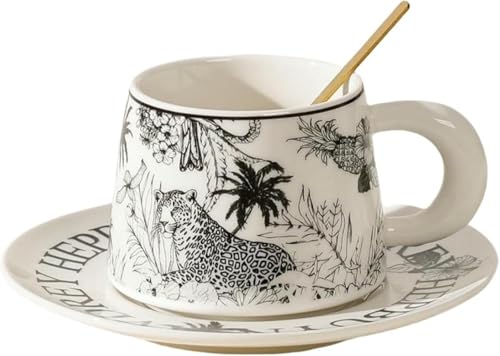 AOBOPOセラミック手描きジャングルヒョウマグカップ コーヒーカップ&ソーサーセット ホーム&キッチン用 耐熱性に個性的デザイン 日常ドリンク・ギフト両用