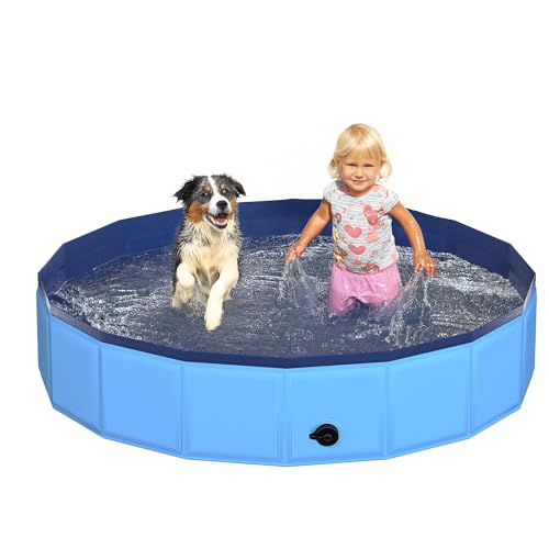 CACSPS 120x30 cm Faltbarer Hundepool – zusammenklappbarer Kinderpool aus Hartplastik für Hunde und Kinder, rutschfeste Haustierbadewanne für den Außeneinsatz im Garten, leicht und tragbar (Blau)