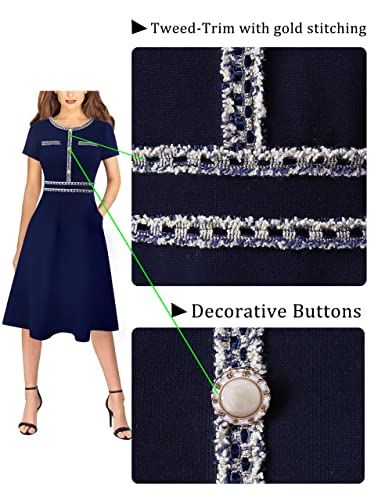 Image of VFSHOW Womens Buttons Pockets Office Business A-Line Dresses Short Sleeve Work Crew Neck Tweed Trim Fit and Flare Swing Dress