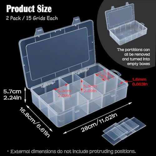 Image of 2 Pack Clear Plastic Organizer Box (15 Girds), Beads Storage Containers Box with Movable Dividers Containers,Size 11.02 x 6.61 x 2.24 in