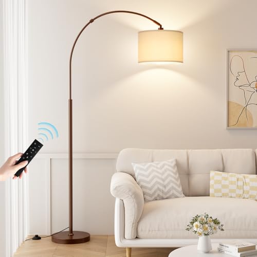 Image of Ambimall Dimmable Arc Floor Lamp with Remote, Color Temperatures and Brightness Adjustable, Arched Floor Lamp with Rotating Head, Over Couch Arched Reading Light for Living Room (Deep Beige and Brown)
