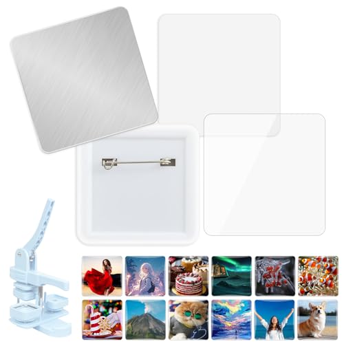Image of Vanttokeey 100 Sets Square Button Maker Supplies 2 Inch (50 mm) DIY Blank Square Badge Parts Set Including Metal Cover, Paper Sheet, Transparent Film, Back of Pin