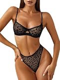 Lilosy Sexy Mesh Sheer Underwire Push Up Lingerie Set Women Cheetah See Through Bachelorette Bra Panty 2 Piece Leopard Black Medium