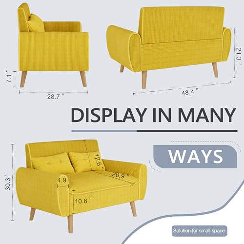 Image of Shintenchi 48'' Loveseat Sofa, Mid-Century Modern Upholstered Couch Deep Seat with 2 Pillows, 10 inch Thick Cushion with Spring, Solid Wood Frame Small Couch for Living Room, Dorms & Office, Yellow